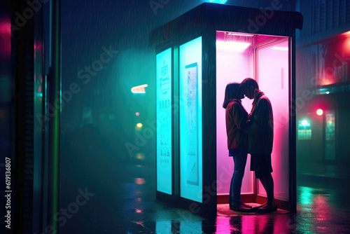 Romantic Silhouette in a Misty Glass Phone Booth. Generative AI