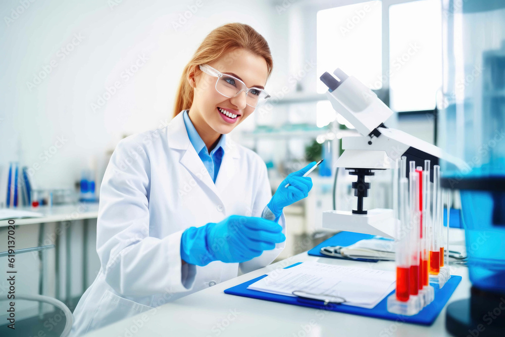 Smiling Caucasian Researcher in a Lab. Generative AI