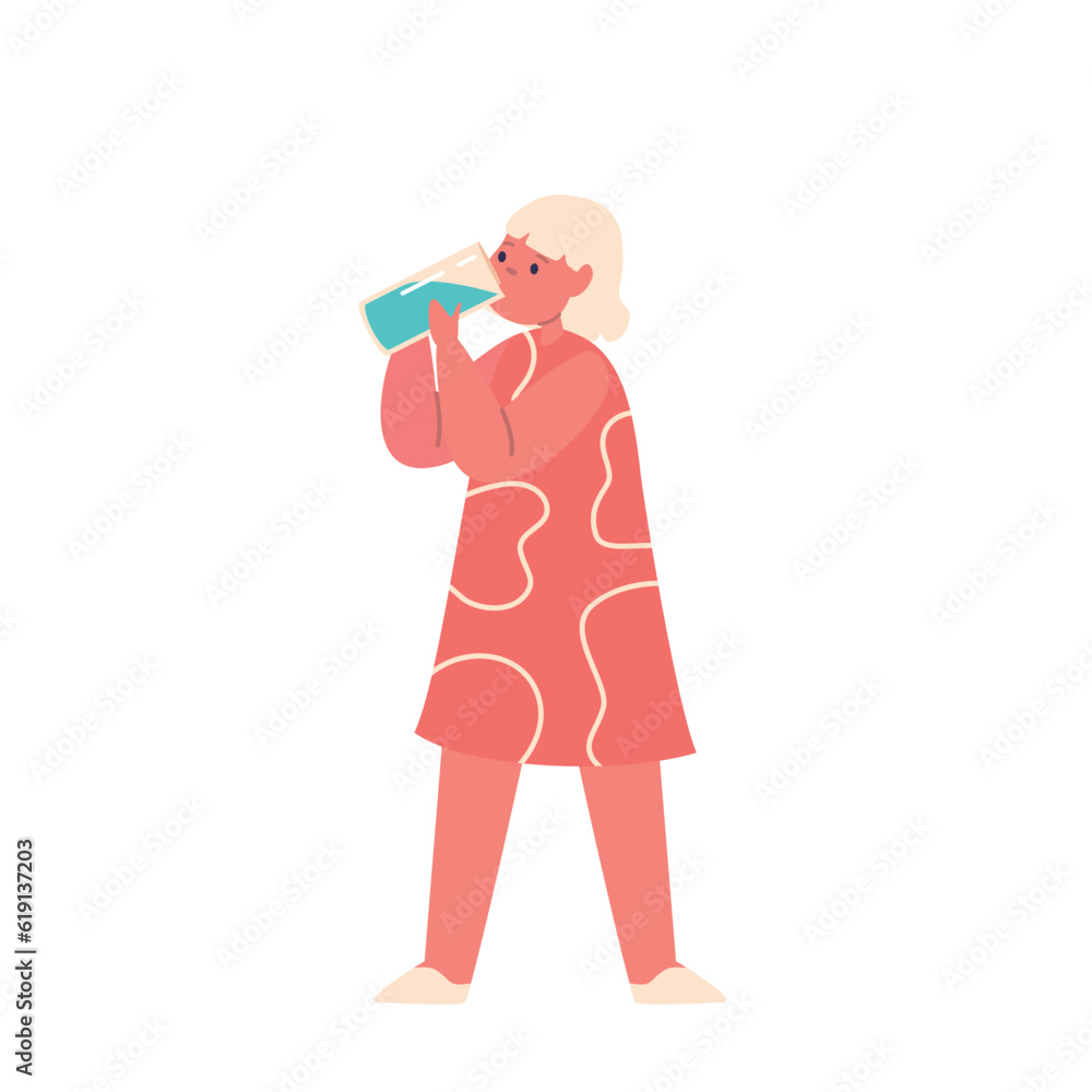 Kid Character Enjoying Fresh Drink, Little Girl Drinking Clean Water from Bottle. Summer Refreshment, Body Hydration Kid Character Enjoying Fresh Drink, Little Girl Drinking Clean Water from Bottle. Summer Refreshment, Body Hydration