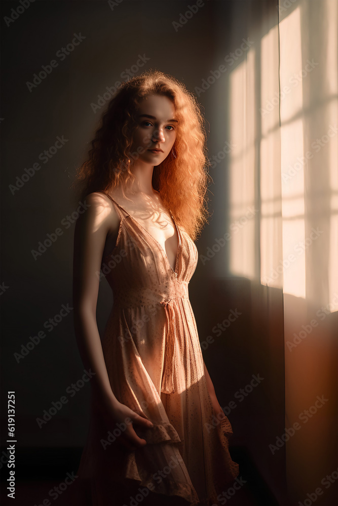 natural portrait of a European young girl in simple rustic clothes standing by the window, natural photo, soft light, ai generative art