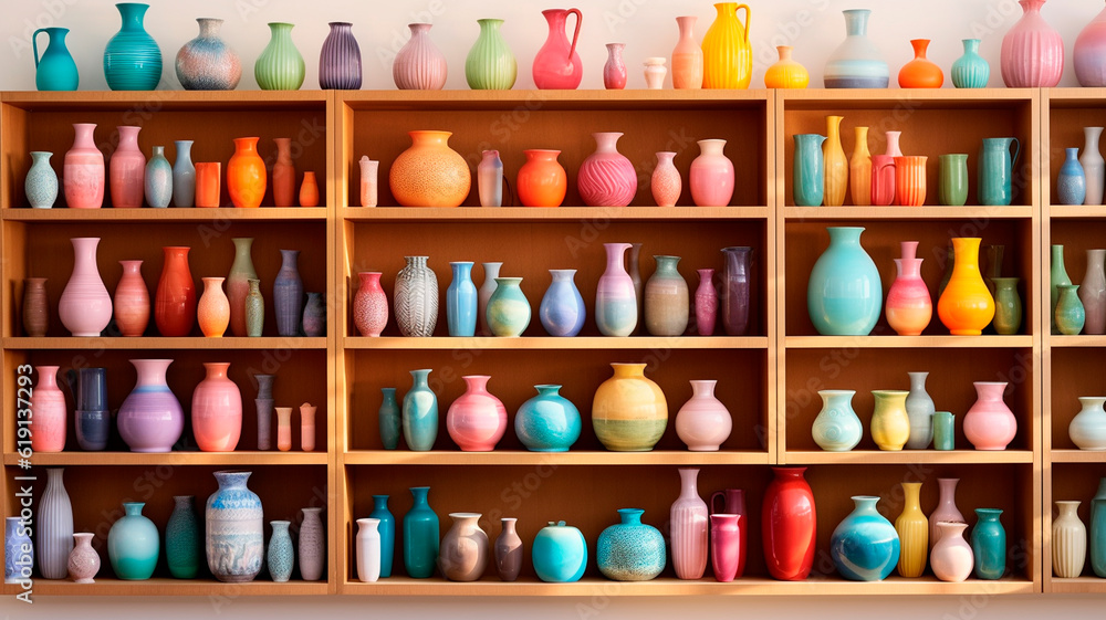 a shelf filled with lots of different colored vases and containers. Generative AI