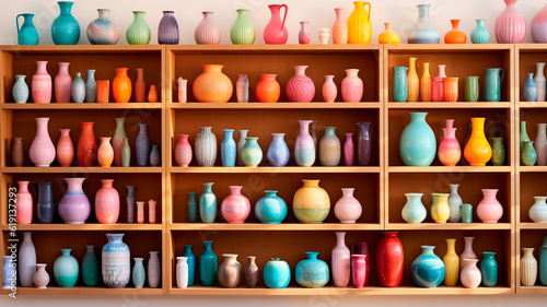 a shelf filled with lots of different colored vases and containers. Generative AI