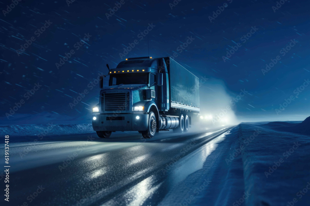 Ice Road Trucking in a Snowy Valley. Generative AI Ice Road Trucking in a Snowy Valley. Generative AI