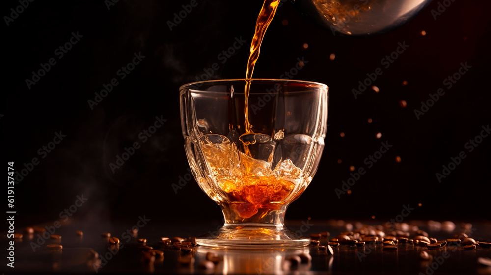 A shot of coffee being poured into a glass. Generative AI A shot of coffee being poured into a glass. Generative AI