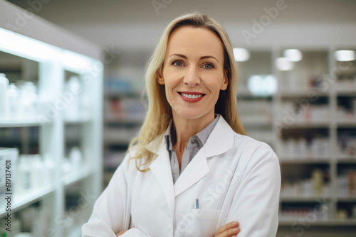 Vibrant Female Pharmacist in White Lab Coat Amid Medicine Shelves. Generative AI