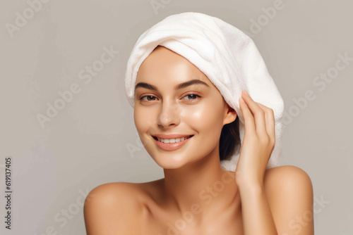 Serene and stylish woman donning a towel headwrap with an enchanting smile. Generative AI