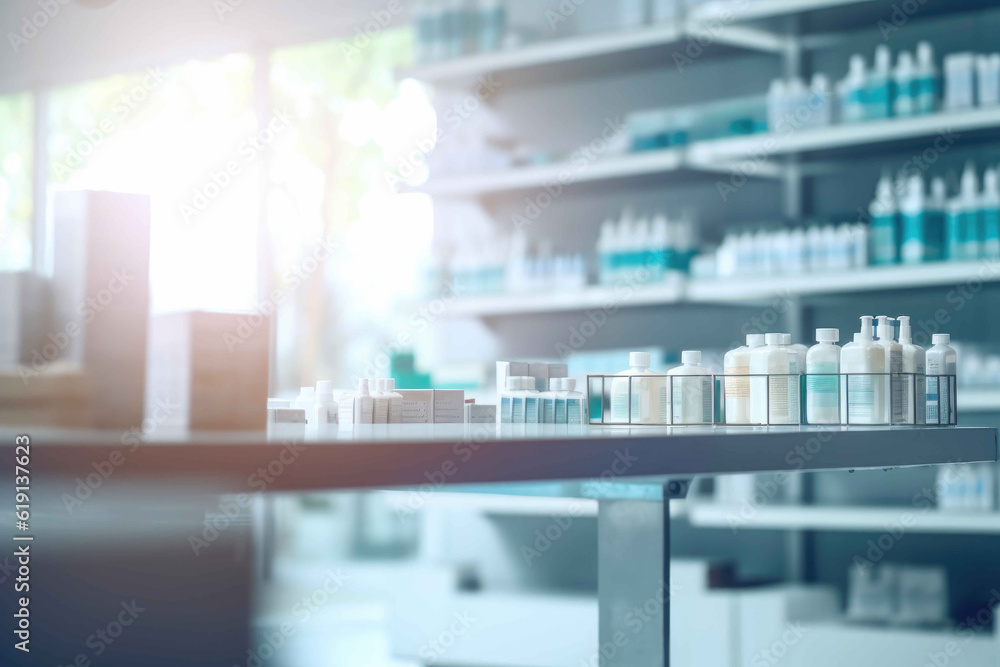 Pharmacy Counter with Blurred Pharmacy Background. Generative AI Stock
