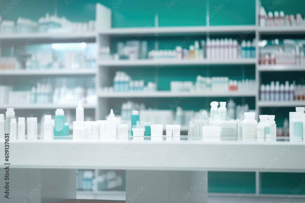 Pharmacy Store Display with Blurred Medication Background. Generative AI