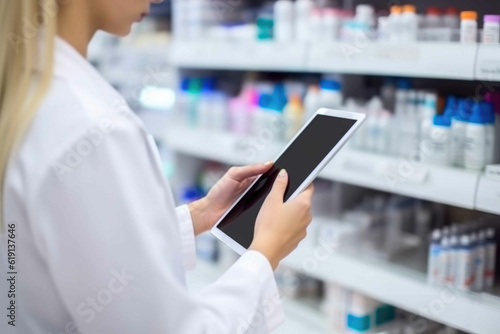 Professional female pharmacist using digital tablet to manage inventory in medical store. Generative AI
