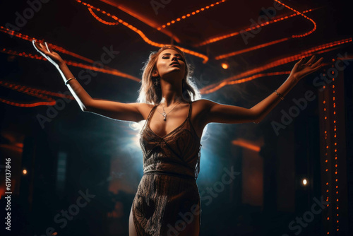 Energetic Woman Enjoying Nightclub Vibes in Low-Cut Dress. Generative AI