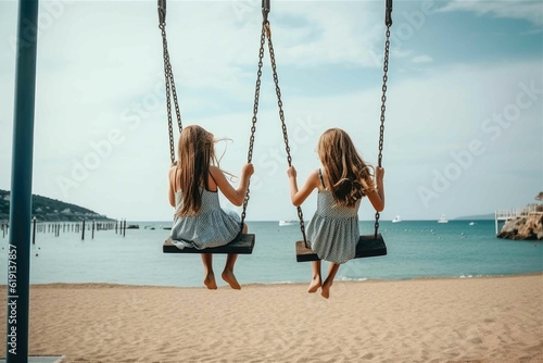 Beautiful Kids Swinging at the Beach. Generative AI