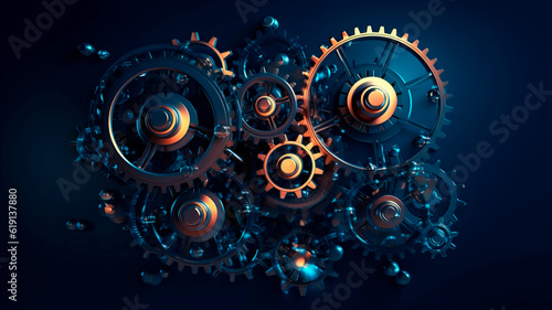 Abstract 3D gears on dark background. Concept of gear mechanics and cog mechanics. Generative AI