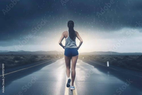 Fitness enthusiast jogging on the road. Generative AI