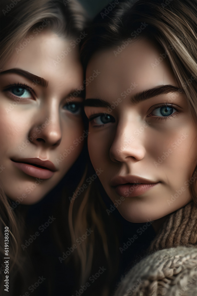 Portrait of two blonde women, close-up, natural soft lighting, ai generated art Portrait of two blonde women, close-up, natural soft lighting, ai generated art