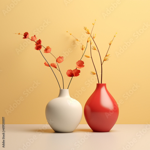 A pair of vases and flowers on a minimalist background in soft and warm tones