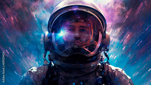 Astronaut in space with stars, a galaxy, a purple and blue nebula, and galaxies reflected in his helmet. Generative AI