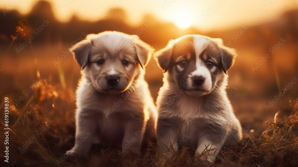Two puppies in the grass made with Ai generative technology Two puppies in the grass made with Ai generative technology