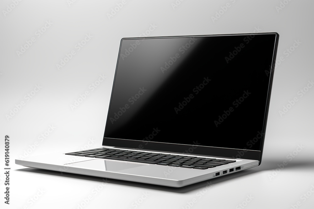 A laptop computer sitting on top of a table. Generative AI. Mockup with space for your design or logo. A laptop computer sitting on top of a table. Generative AI. Mockup with space for your design or logo.