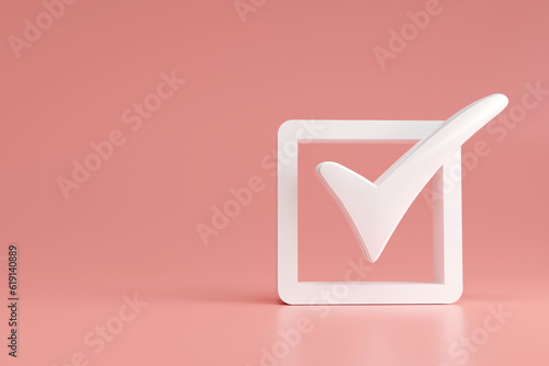 checkmark icon on pink background. checklist survey concept, and evaluation Accreditation, quality assurance. with copy space and business design. 3D rendering illustration