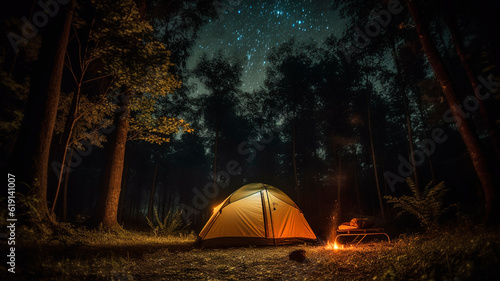 Camping tent in the forest at night. Generative AI