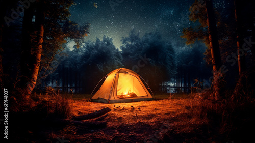 Camping tent in the forest at night. Generative AI © Aghavni