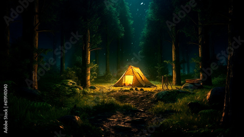 Camping tent in the forest at night. Generative AI