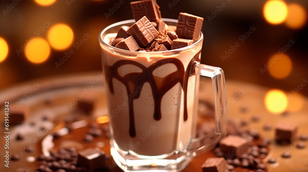 Chocolate milkshake with chocolate pieces and chocolate sauce. Generative AI Chocolate milkshake with chocolate pieces and chocolate sauce. Generative AI