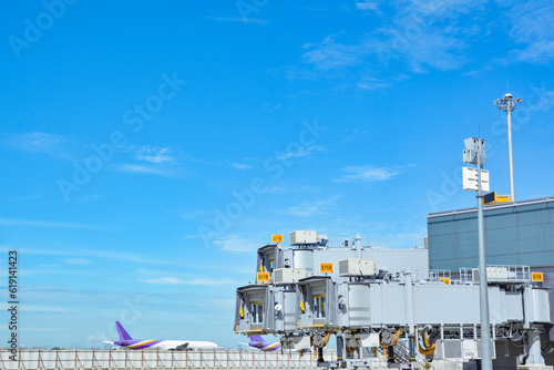 airplane in the airport beautiful sky background
