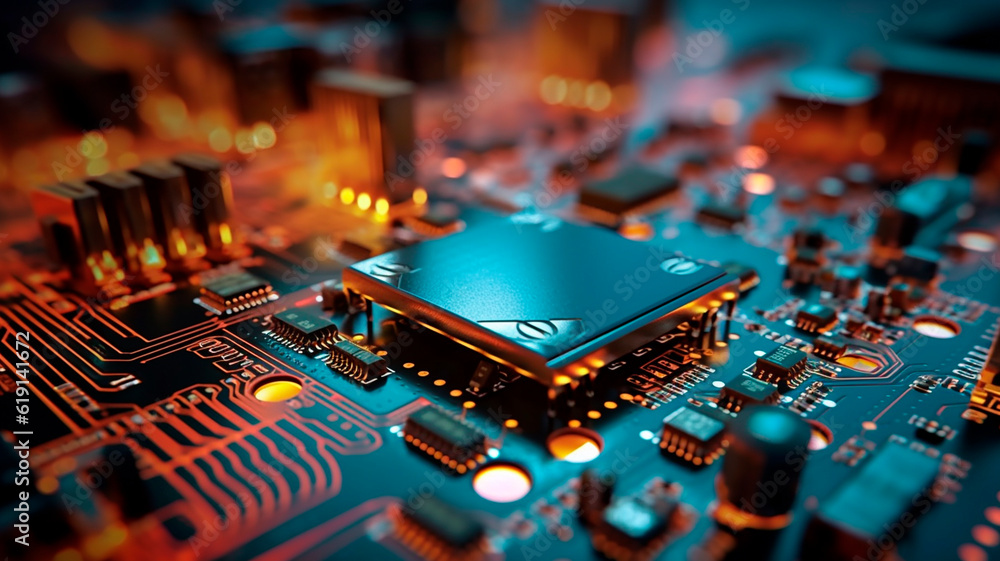 Close up of an electrical circuit board with a CPU, a microchip, and other electronic components in the background. Generative AI Close up of an electrical circuit board with a CPU, a microchip, and other electronic components in the background. Generative AI