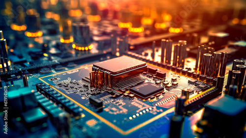 Close up of an electrical circuit board with a CPU, a microchip, and other electronic components in the background. Generative AI
