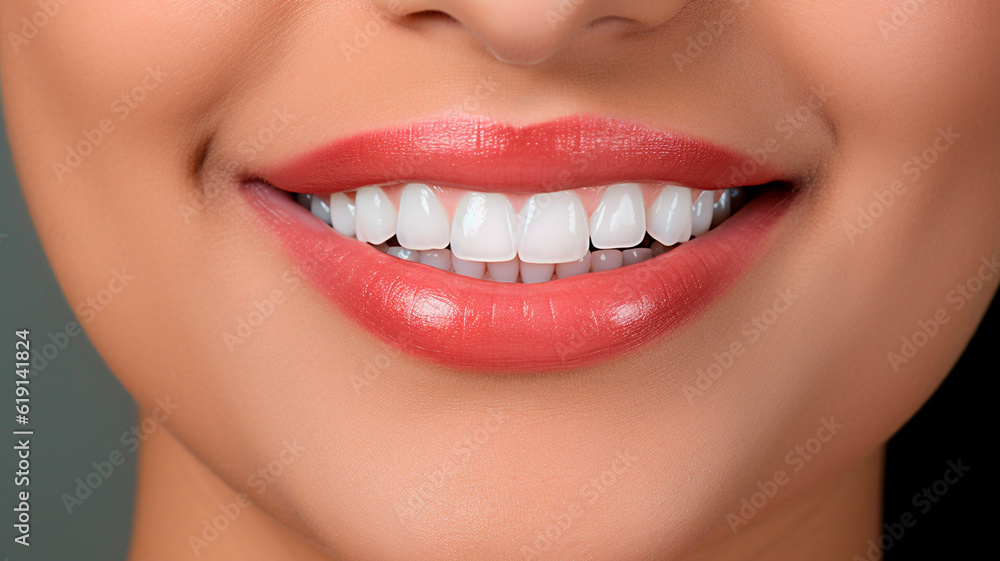 Obraz premium Closeup person's mouth smiling woman white teeth. Generative AI