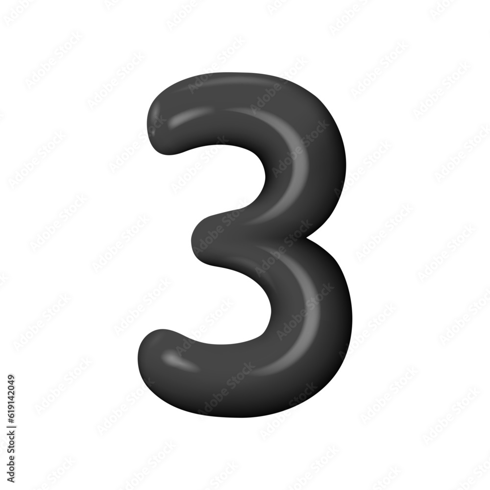 3D black number 3. Black realistic plastic number with highlights. Vector illustration 3D black number 3. Black realistic plastic number with highlights. Vector illustration