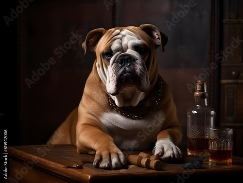 brown english bulldog sit on wooden table with alcohol bottle and a glass of alcohol in a house, generative ai © shutterdemon