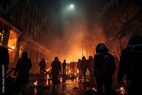 Disorder and protests unfolding on the bustling streets of a metropolis
