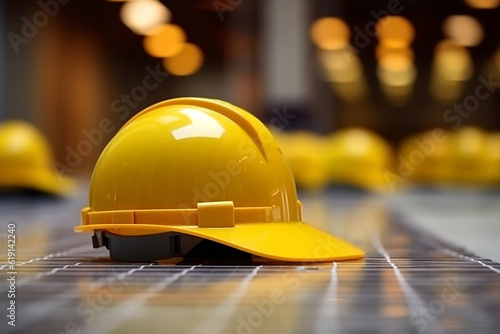 Yellow helmet engineer worker safety construction background.Generative Ai.