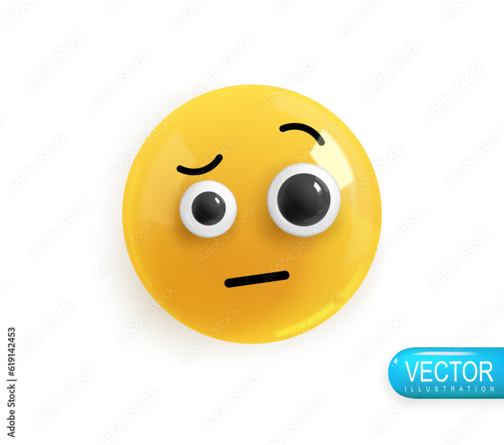 Fototapeta premium Emoji face surprise with a raised eyebrow. Realistic 3d Icon. Render of yellow glossy color emoji in plastic cartoon style isolated on white background. Vector illustration