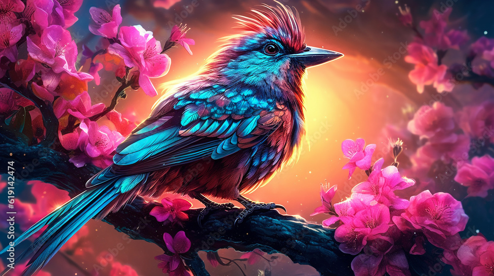 Fantasy bird perched on a branch with glowing pink flowers.Generative Ai.