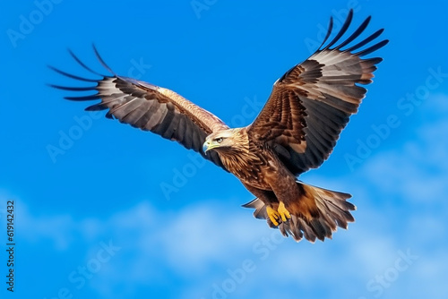 Eagle flying isolated on blue sky.Generative Ai.