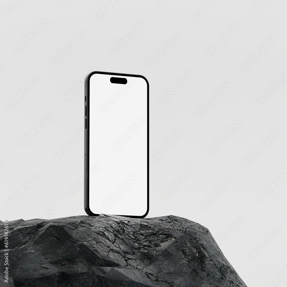 Mockup smartphone with blank white screen On Rock. copy space for brand ...