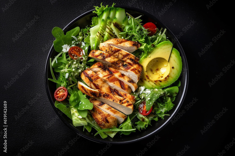 Fresh green salad avocado with grilled chicken on black  background.Generative Ai.