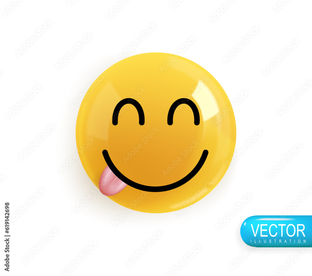 Emoji face smiling and showing tongue. Realistic 3d Icon. Render of yellow glossy color emoji in plastic cartoon style isolated on white background. Vector illustration Emoji face smiling and showing tongue. Realistic 3d Icon. Render of yellow glossy color emoji in plastic cartoon style isolated on white background. Vector illustration