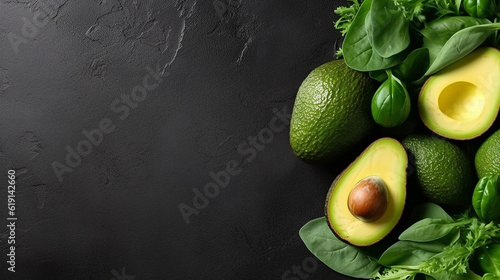 Fresh green salad avocado on black stone background.Generative Ai.