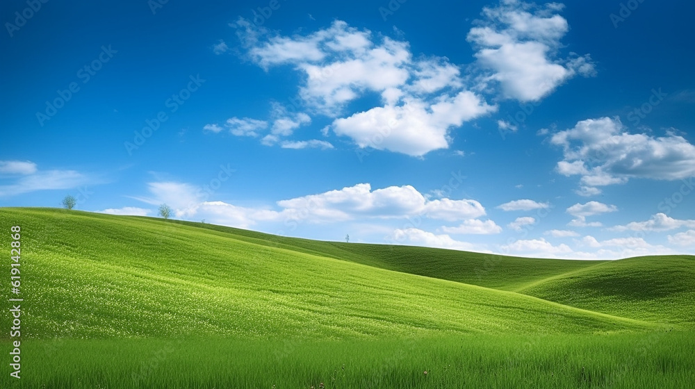 Grassy hills with blue sky.Generative Ai.