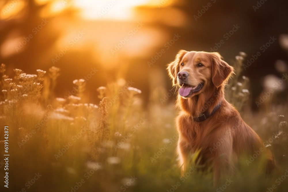 Golden retriever sitting on meadow with sunset.Generative Ai.