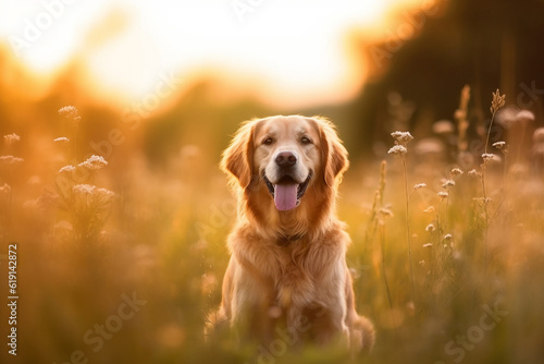 Golden retriever sitting on meadow with sunset.Generative Ai.