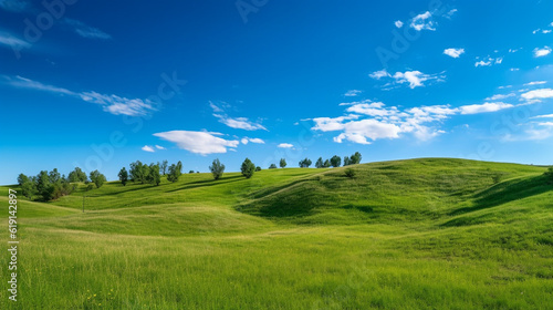 Grassy hills with blue sky.Generative Ai.
