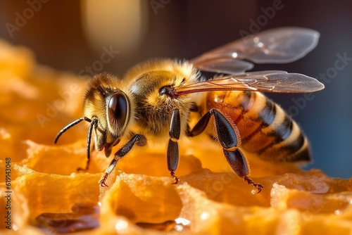 Marco bee with sweet honey background.Generative Ai. © Inlovehem