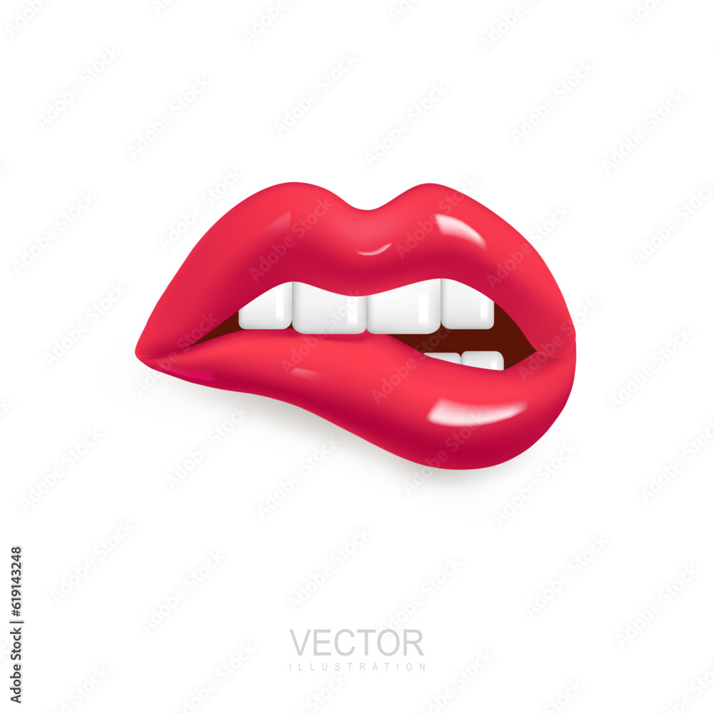 3d vector icon red lips. Sexually bitten lip with teeth. Realistic elements for romantic design. Isolated object on white background 3d vector icon red lips. Sexually bitten lip with teeth. Realistic elements for romantic design. Isolated object on white background