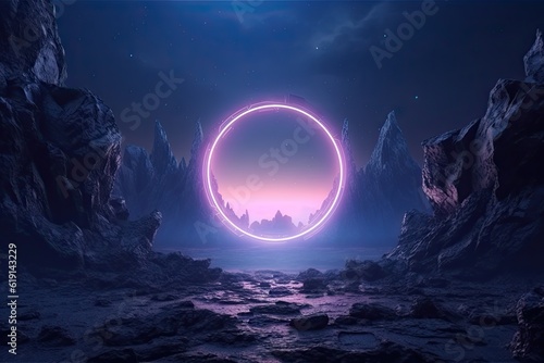 Abstract portal stone gate with neon glowing light in the dark space landscape of cosmic, rocky mountain stone field, spectrum light effect, with Generative Ai. photo