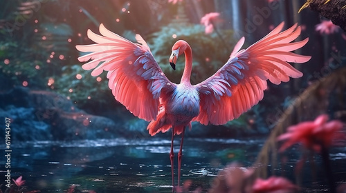 Wallpaper Mural Pink flamingo beautiful in the  fantasy forest.Generative Ai. Torontodigital.ca